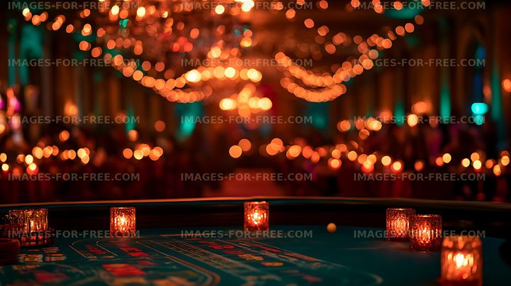 Warmly lit casino table with cards and bokeh lights