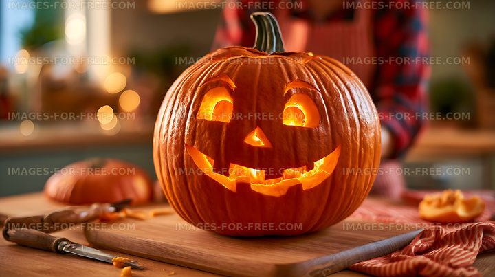Illuminated carved pumpkin with carving tools