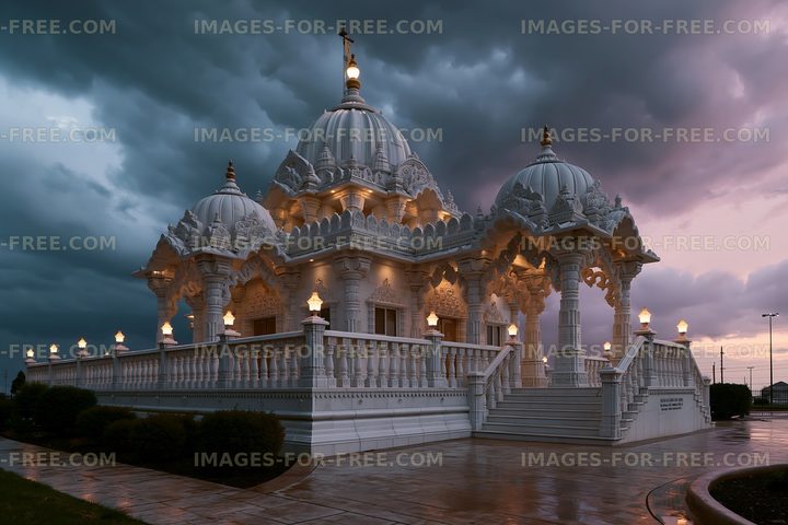 White domed temple under stormy evening skies