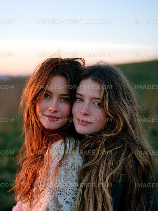 Close portrait of two women in warm evening light