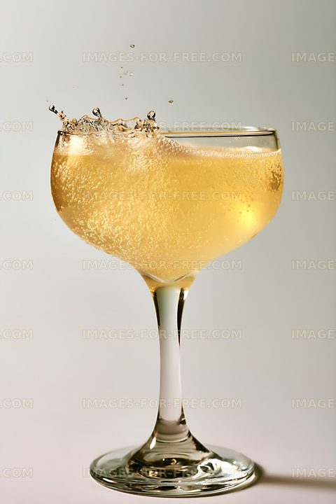 Golden sparkling beverage with splash in elegant glass