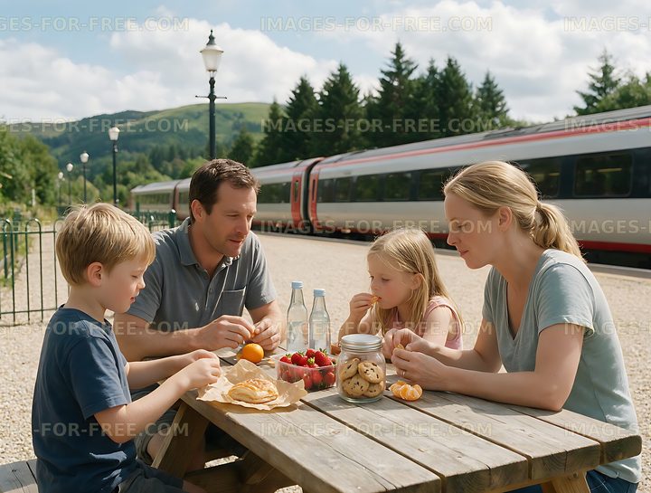 Family picnic beside passenger train in mountain setting