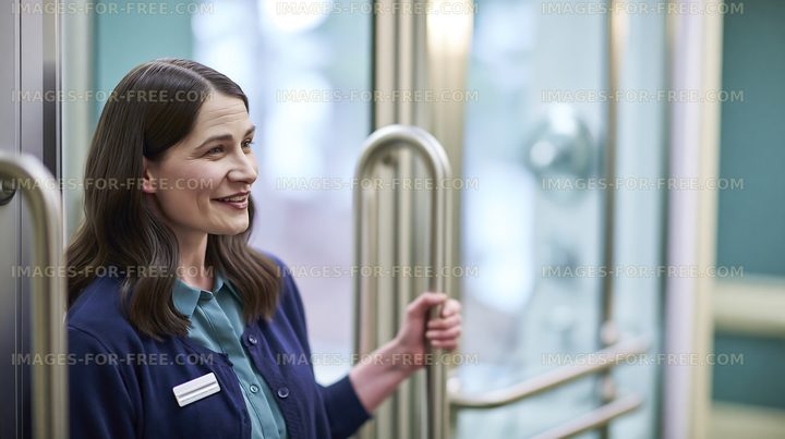 Smiling woman in a modern elevator