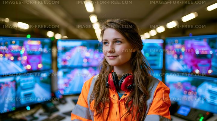 Portrait of woman in reflective jacket surrounded by monitors