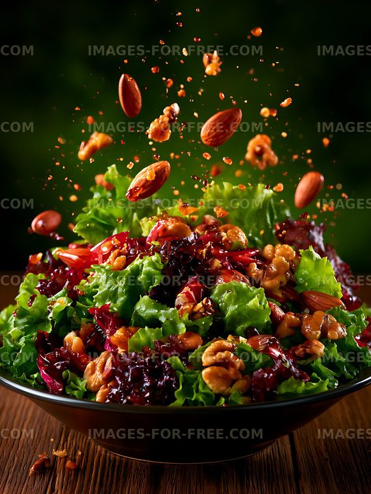 Fresh green salad with nuts and ingredients in motion