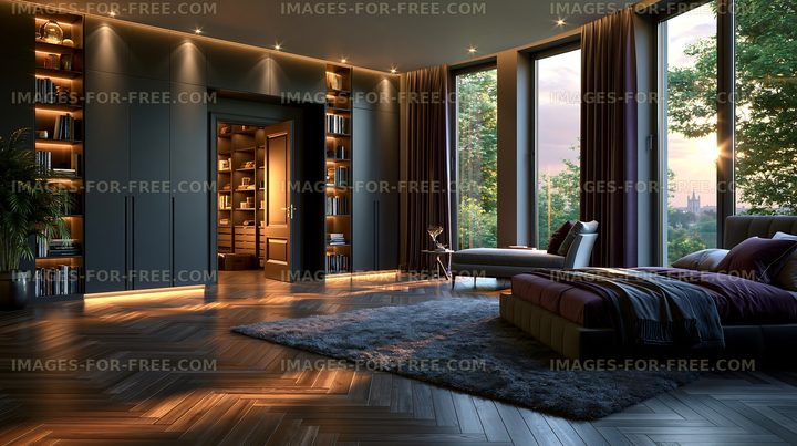 Elegant contemporary bedroom with large windows and city view
