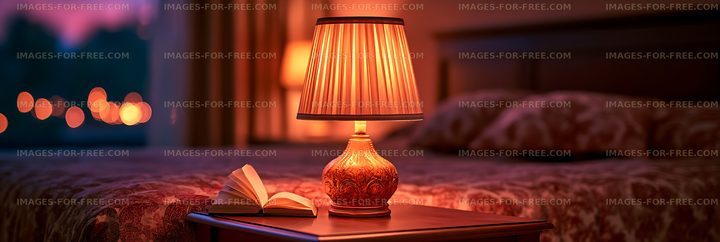 Cozy bedroom interior with glowing table lamp and open book