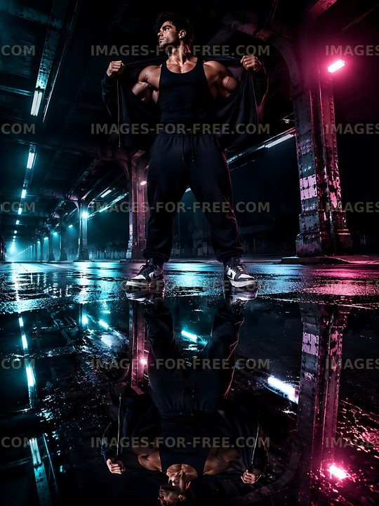 Muscular man posing under neon lights in an industrial space