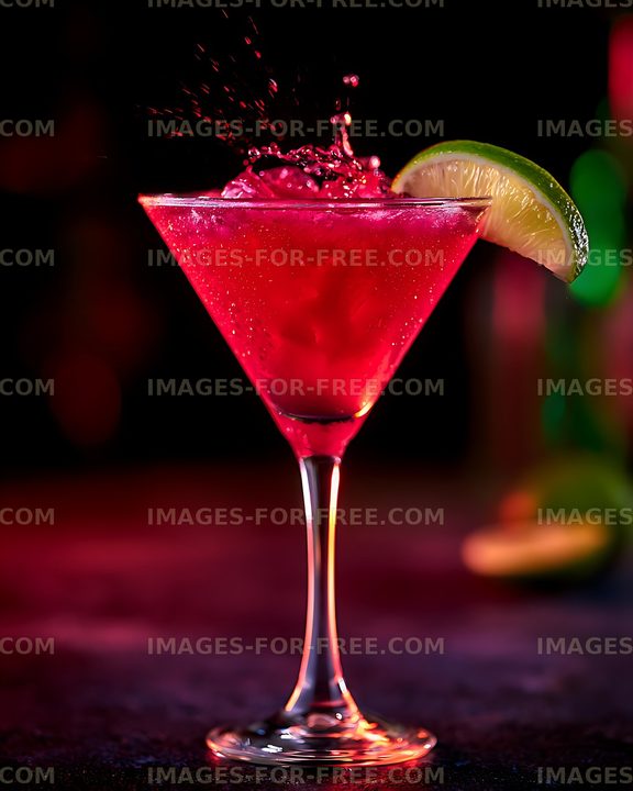 Red cocktail in martini glass with lime and splash