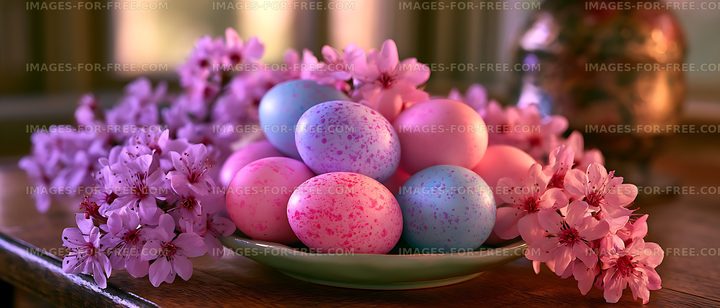 Colorful eggs and pink blossoms in a warm spring still life