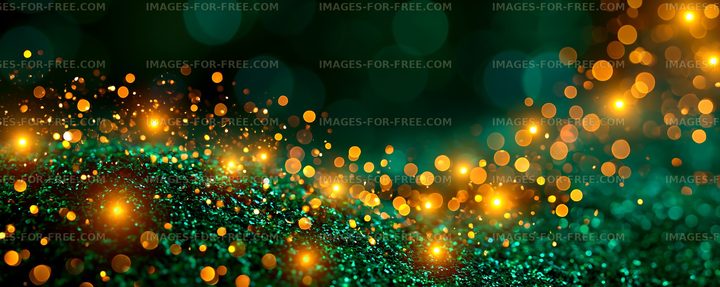 Glowing golden bokeh on green abstract background