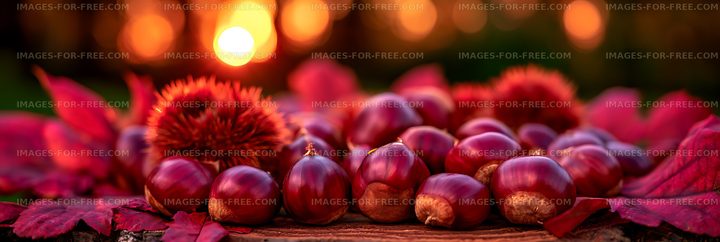 Chestnuts arranged with red autumn foliage and glowing lights