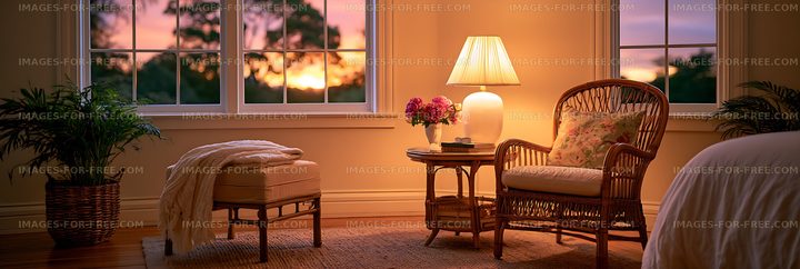 Warm bedroom interior with wicker seating and sunset view