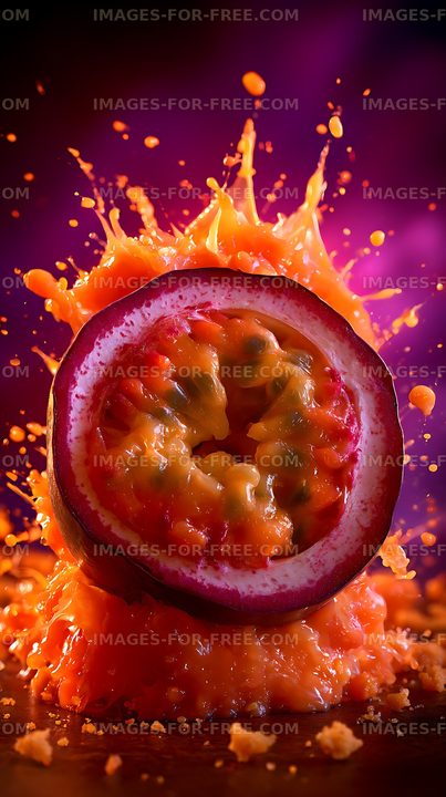 Halved passion fruit in a vivid juice splash
