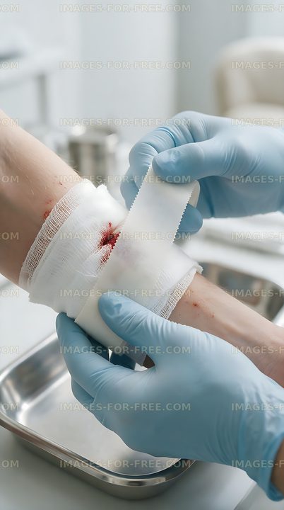 Workplace first aid with gauze bandage on injured arm
