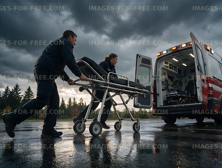 Emergency responders moving a stretcher into an ambulance