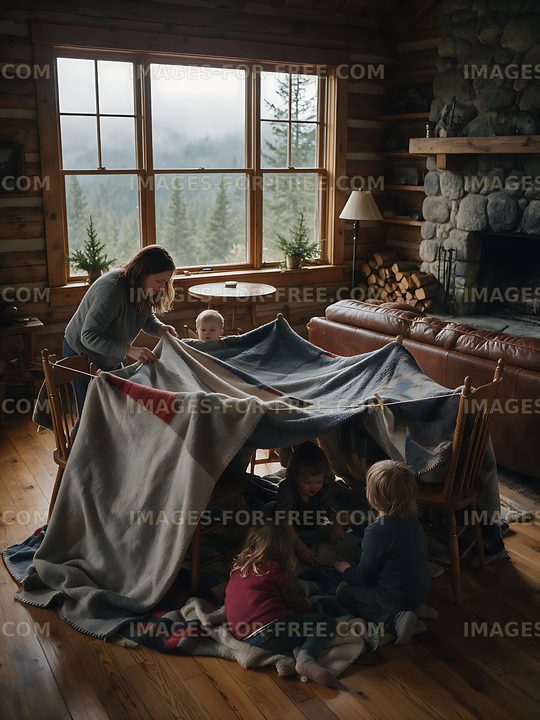 Family building a blanket fort in a rustic cabin living room