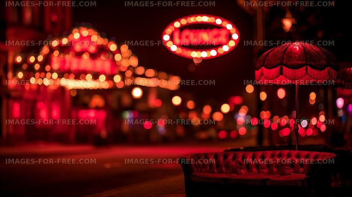 Moody red neon lounge scene with bokeh lights