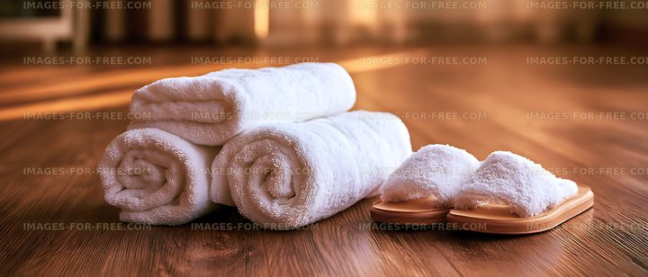 White towels and wooden slippers in a sunlit interior