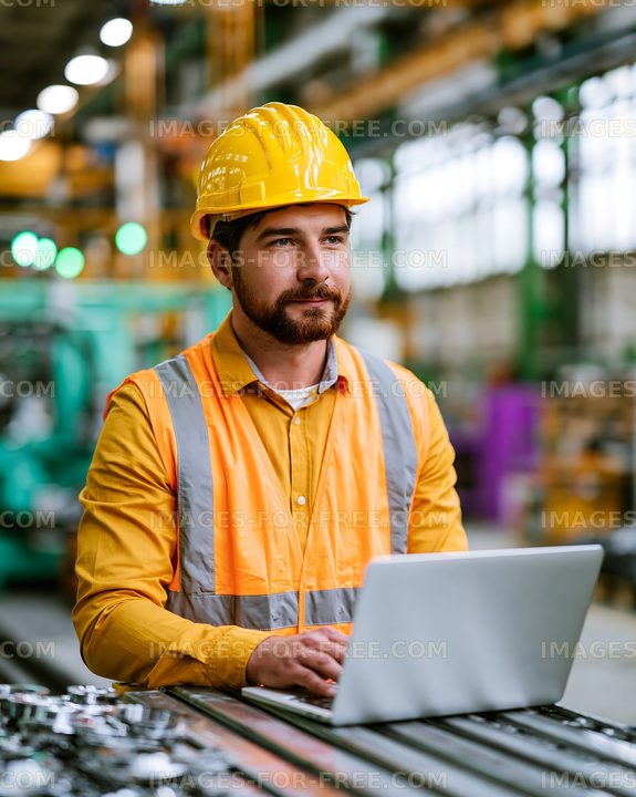 Worker with laptop in industrial facility