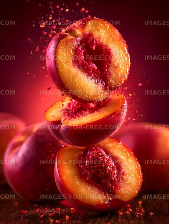 Sliced ripe peaches with splashing droplets in red light