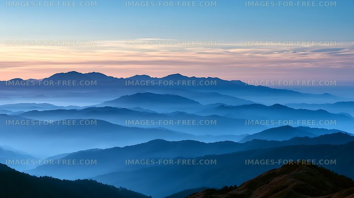 Blue mountain landscape with layered ridges at sunset