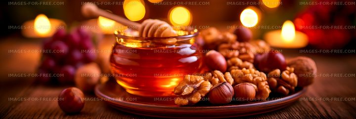 Honey jar surrounded by nuts and warm candlelight