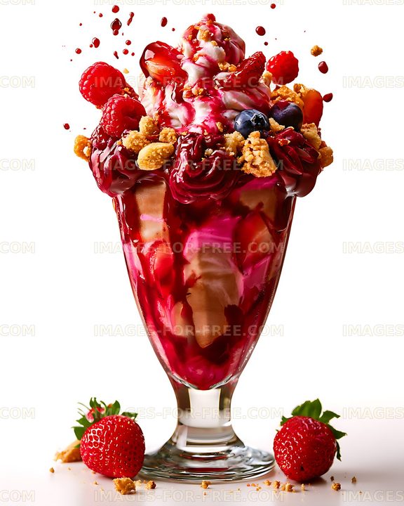Colorful berry ice cream sundae in a glass