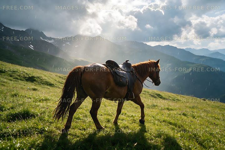 Saddled horse in a mountain meadow under rain clouds