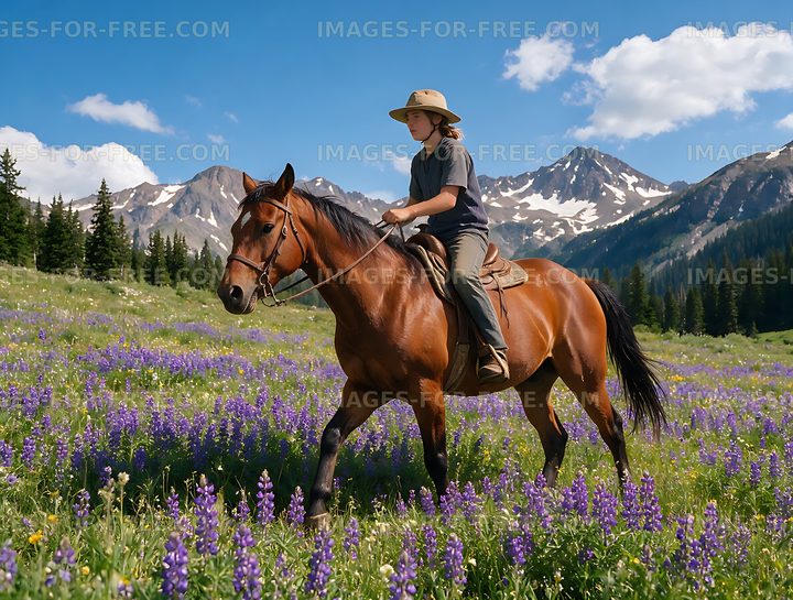 Rider on horseback in a mountain wildflower meadow