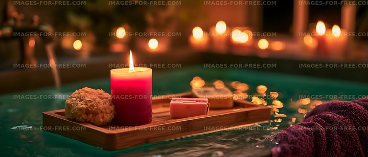 Warm candlelit spa tray floating on water
