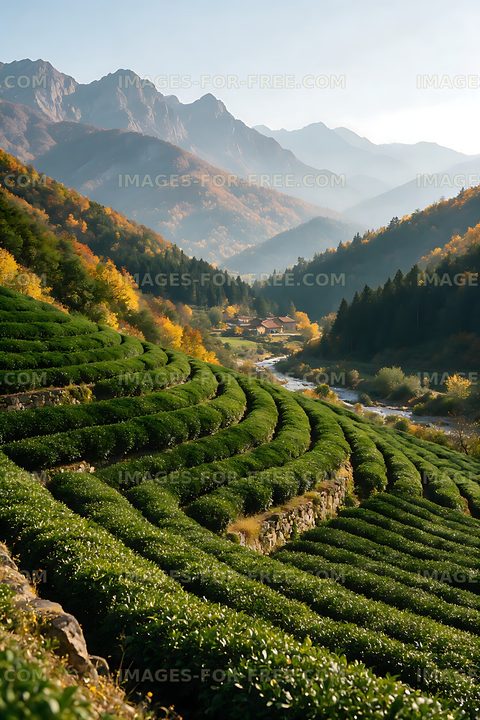 Green tea fields beneath layered mountain peaks