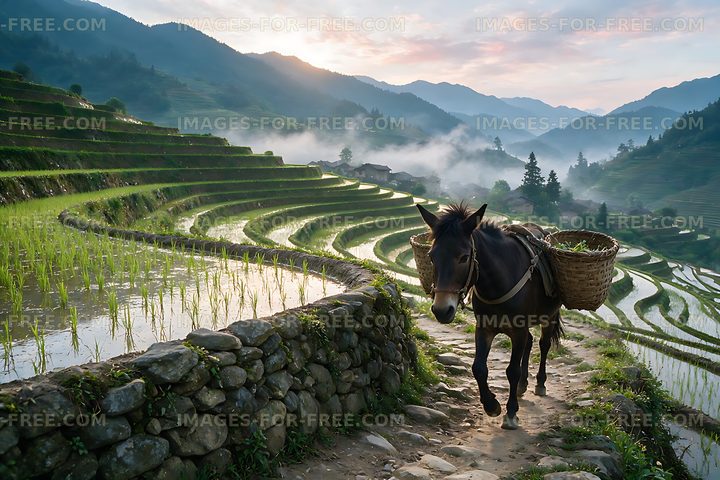 Misty mountain rice terraces with a pack animal