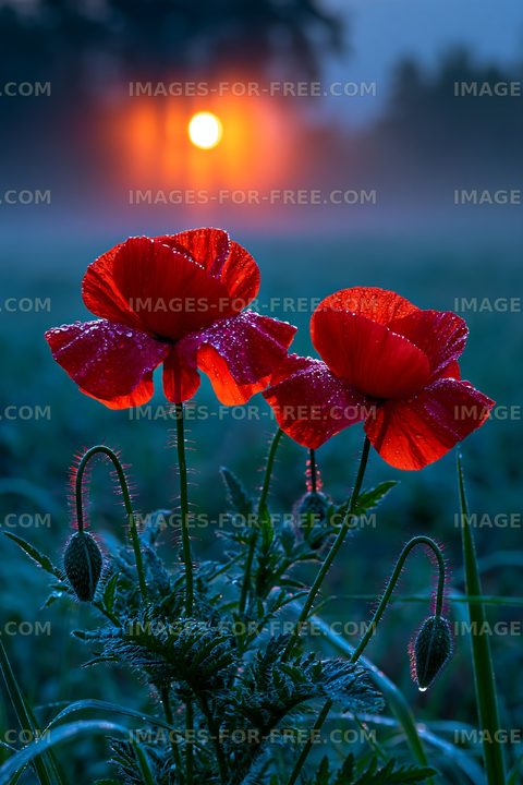 Red poppies in dew at sunrise with fog in the background