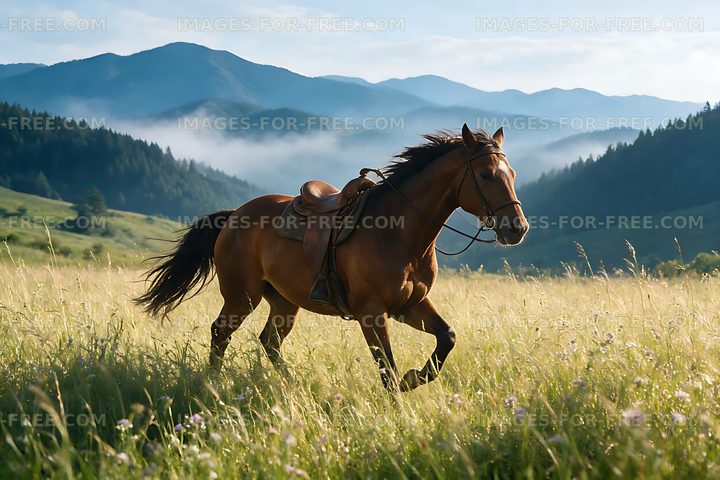 Saddled Horse in a Sunlit Mountain Meadow