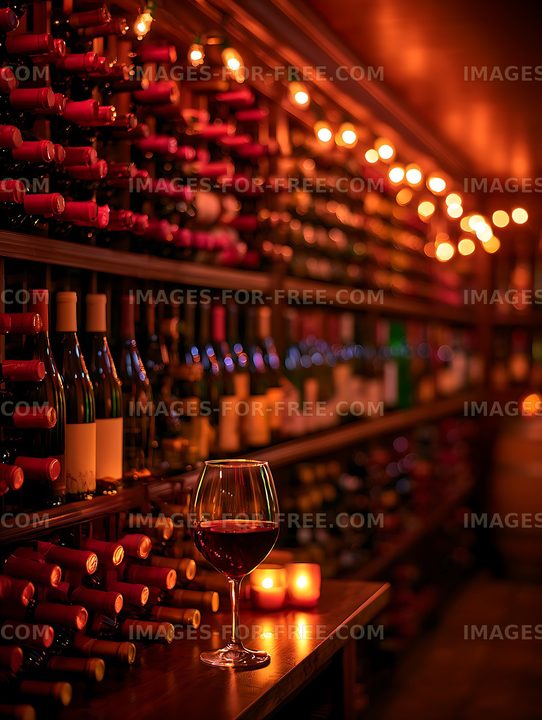 Red wine glass surrounded by bottles and candlelight