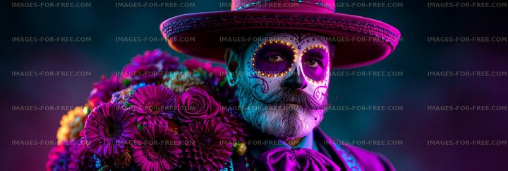 Colorful portrait of man with painted face and flowers