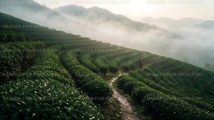 Green terraced fields in misty mountain landscape