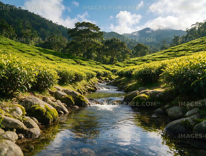 Tea fields and stream in a lush mountain valley