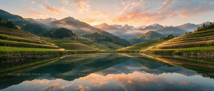 Mountain terraces reflected in a calm lake