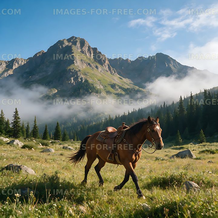 Saddled horse in an alpine meadow with misty mountains