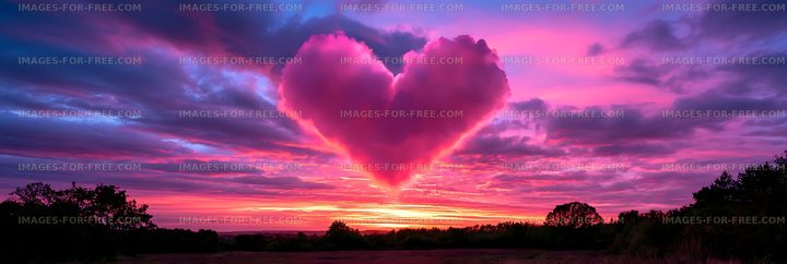 Romantic heart-shaped cloud at colorful sunset