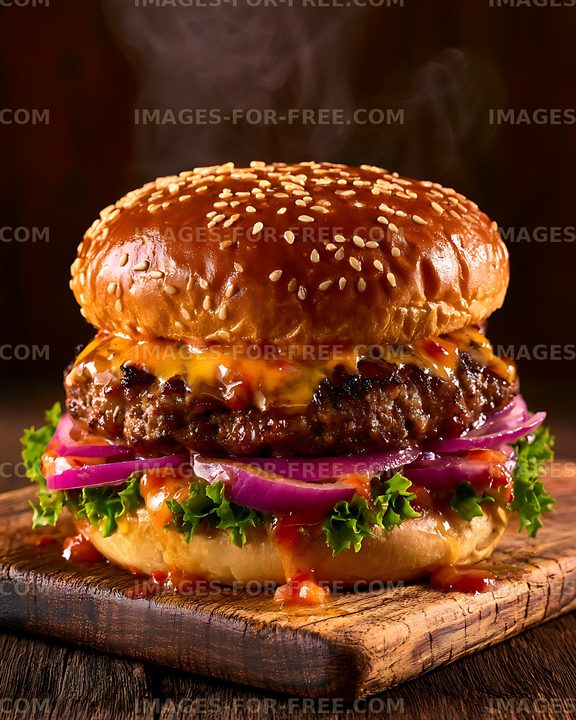 Steaming cheeseburger served on a rustic wooden board