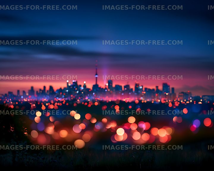 Colorful bokeh lights and urban skyline at dusk