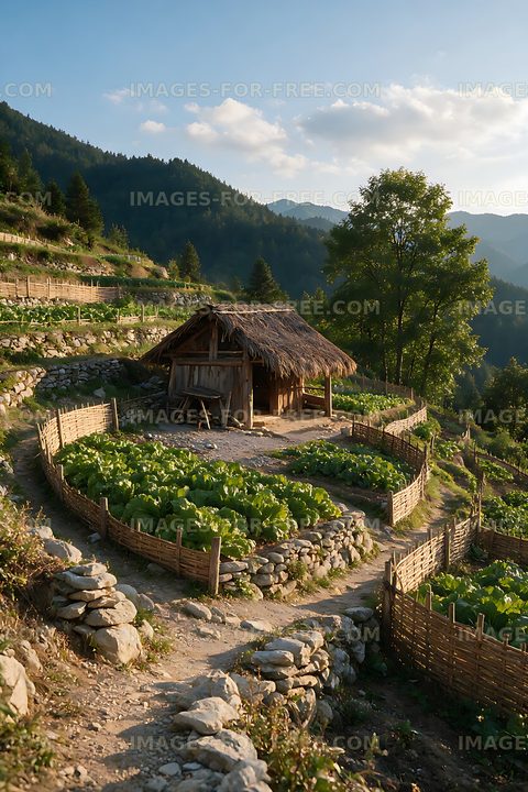 Rustic thatched hut among mountain terraces