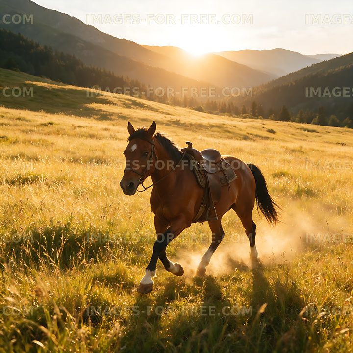 Saddled horse crossing a sunlit mountain meadow