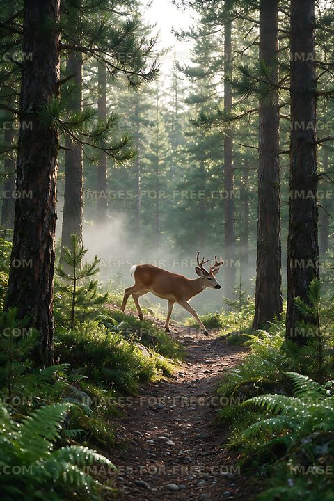Antlered deer walking on a forest mountain trail