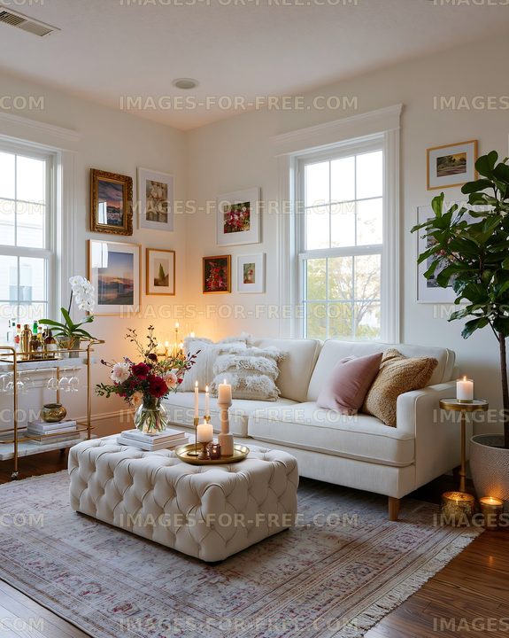 Warmly decorated living room with sofa and candles
