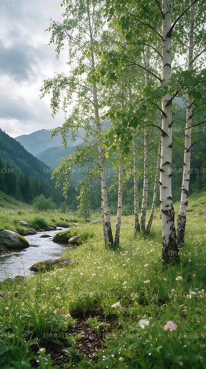 Sunlit birch forest beside a mountain stream