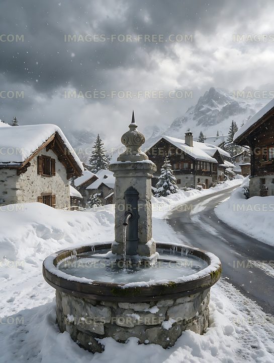 Snow-covered fountain in a Swiss alpine village